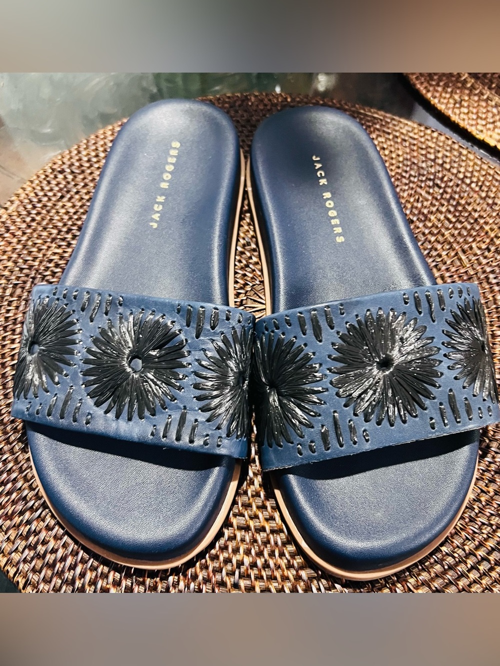 Jack Rogers Navy Slide Sandals with Black Floral Appliqué